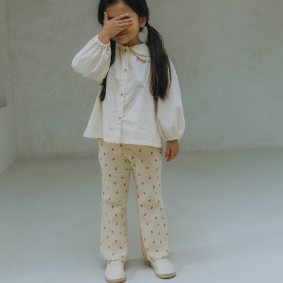 Girls Cream Floral Flare Pants with Ruffles - Picture 1 of 7